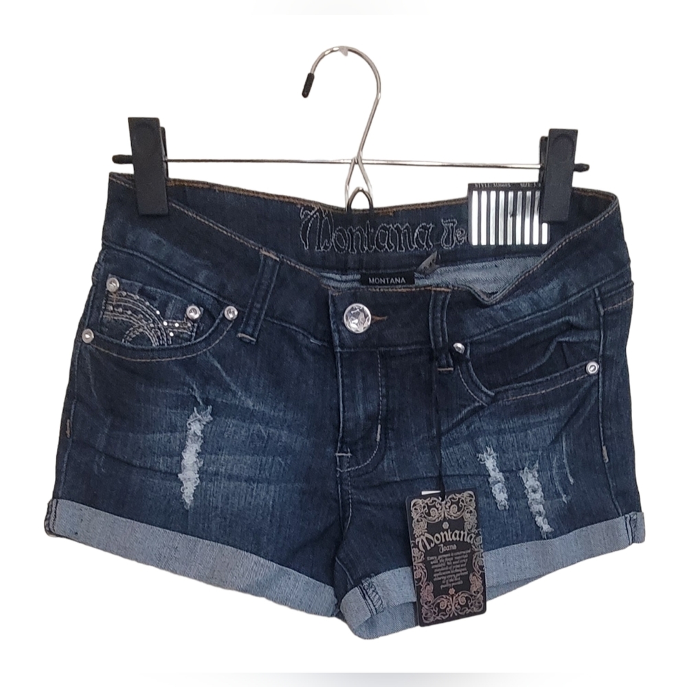 ❤️ MONTANA JEANS SHORTS LOW WAIST EMBELLISHED RHINESTONE.SIZE: 5/6 COLOR:  BLUE - Picture 2 of 14